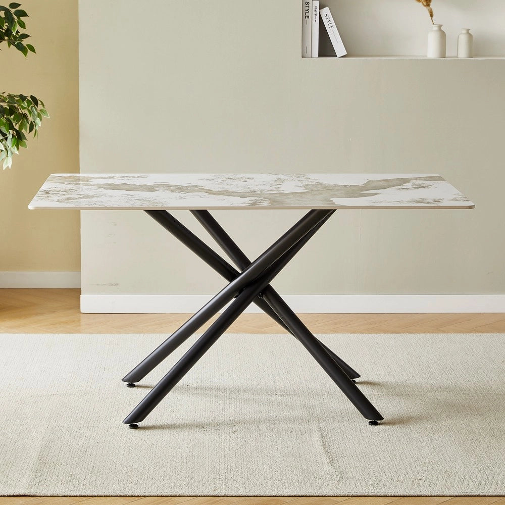 Tavolo Linus2358 con piano in ceramica effetto marmo bianco pandora brown lucido e gambe in metallo nero 140x80x76H