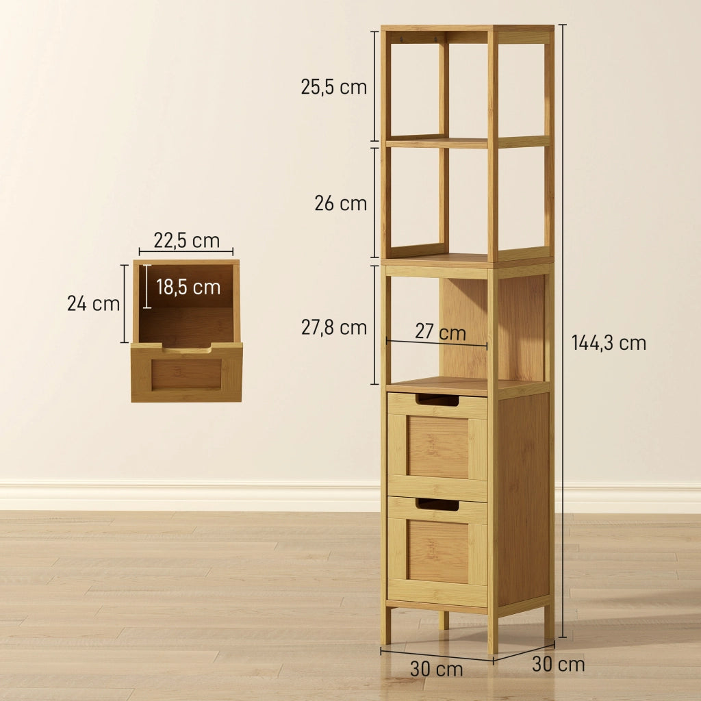 Colonna bagno con 3 ripiani e 2 cassetti ¨C Xylo ¨C Bamb¨´ naturale 30x30x144 cm
