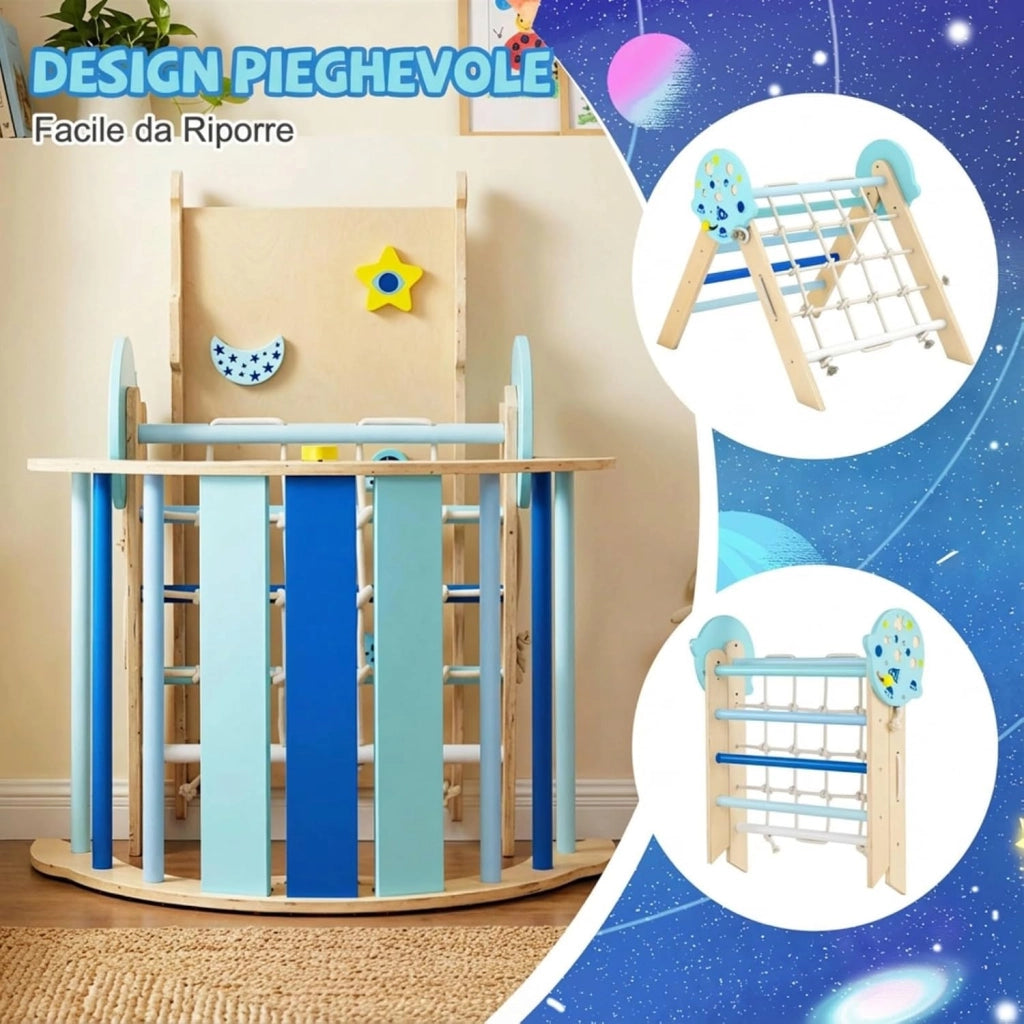 Set da Arrampicata per Bambini, Set Montessori Pieghevole con Arco, Rampa e Scalatore, Giochi da Arrampicata con Blocchi e Gioco del Labirinto, 1 Anni + (Astronauta 3 pezzi, Blu)