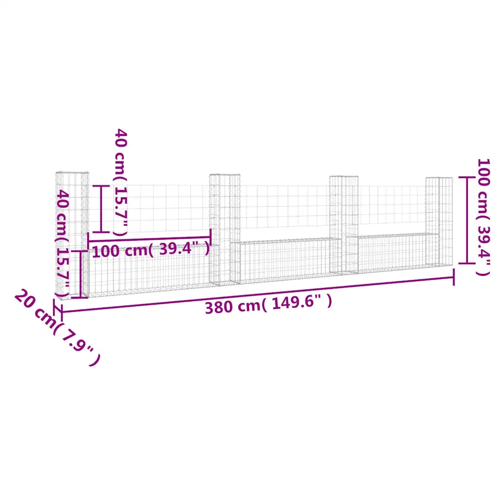 Cesto Gabbione a U con 4 Pali in Ferro 380x20x100 cm 151277