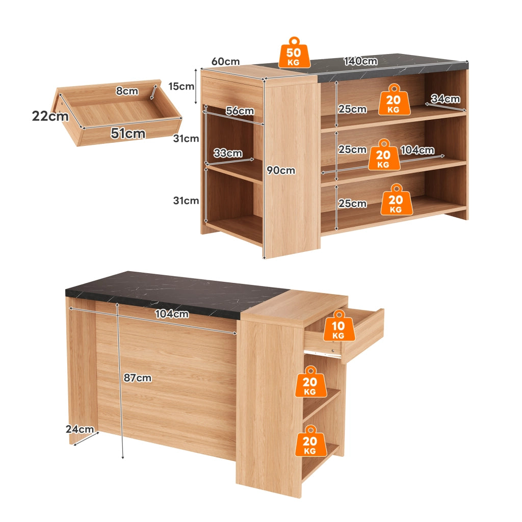 Isola cucina con bancone, 5 livelli di spazio, cassetto nascosto, effetto marmo nero e rovere, 140x60x90 cm