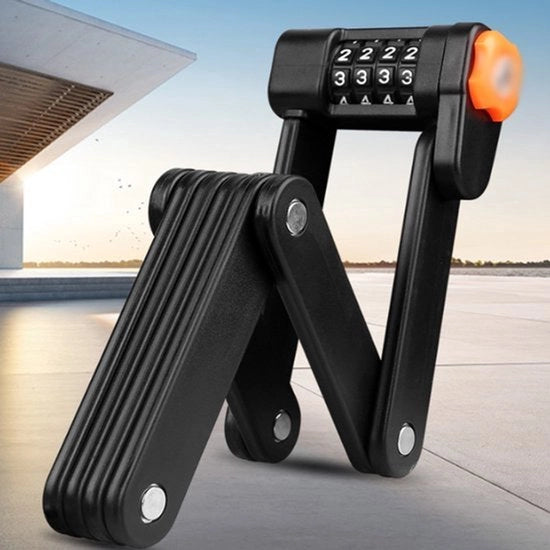 Slot flessibile per bicicletta con combinazione a 4 cifre e cerniera di fissaggio, realizzato in acciaio inossidabile laminato, resistente ai graffi, idrorepellente, impermeabile e anticorrosivo.