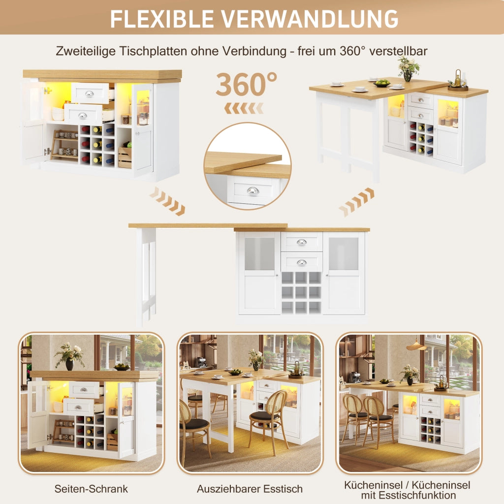 TAVOLO Allungabile 120-197 cm Girevole 360° MDF Bianco con LED e Contenitore