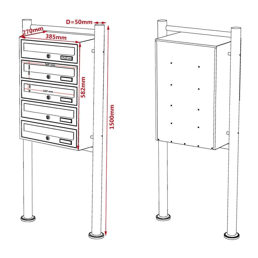 Blocco di 5 cassette postali autoportanti con 5 ingressi acciaio zincato nero 16_0000041