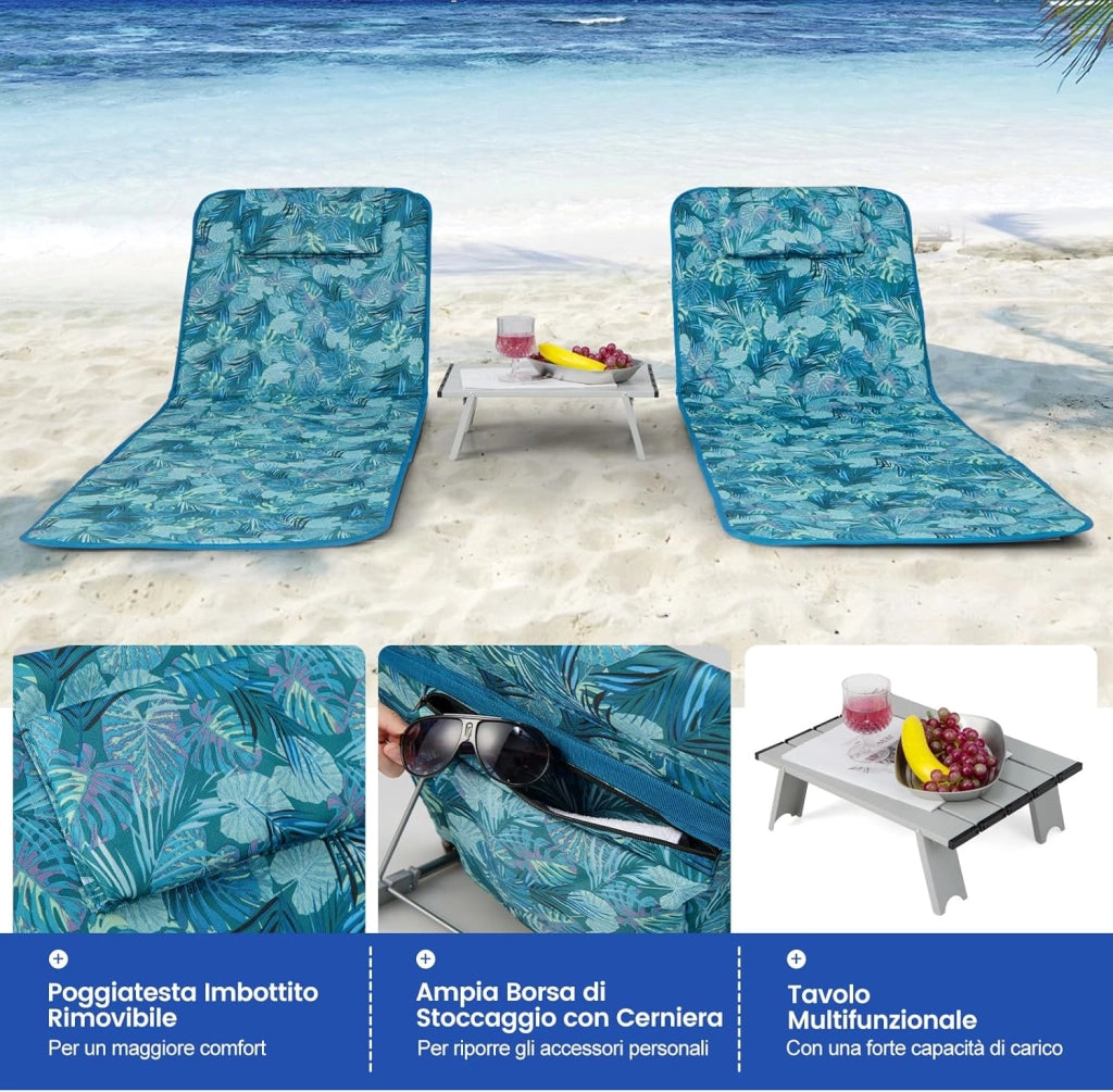 Set 2 Sdraio da Spiaggia con Tavolino, Tappettino Spiaggia Pieghevole con Schienale Reclinabile, Poggiatesta e Tasca Posteriore, Portatile con Manico, per Giardino e Campeggio (Verde)
