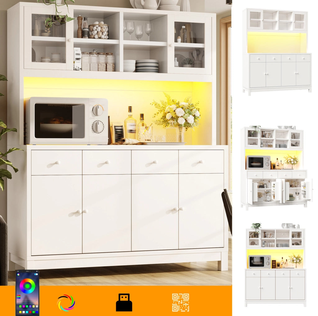 Credenza alta bianca con LED RGB, ante in vetro e 4 cassetti