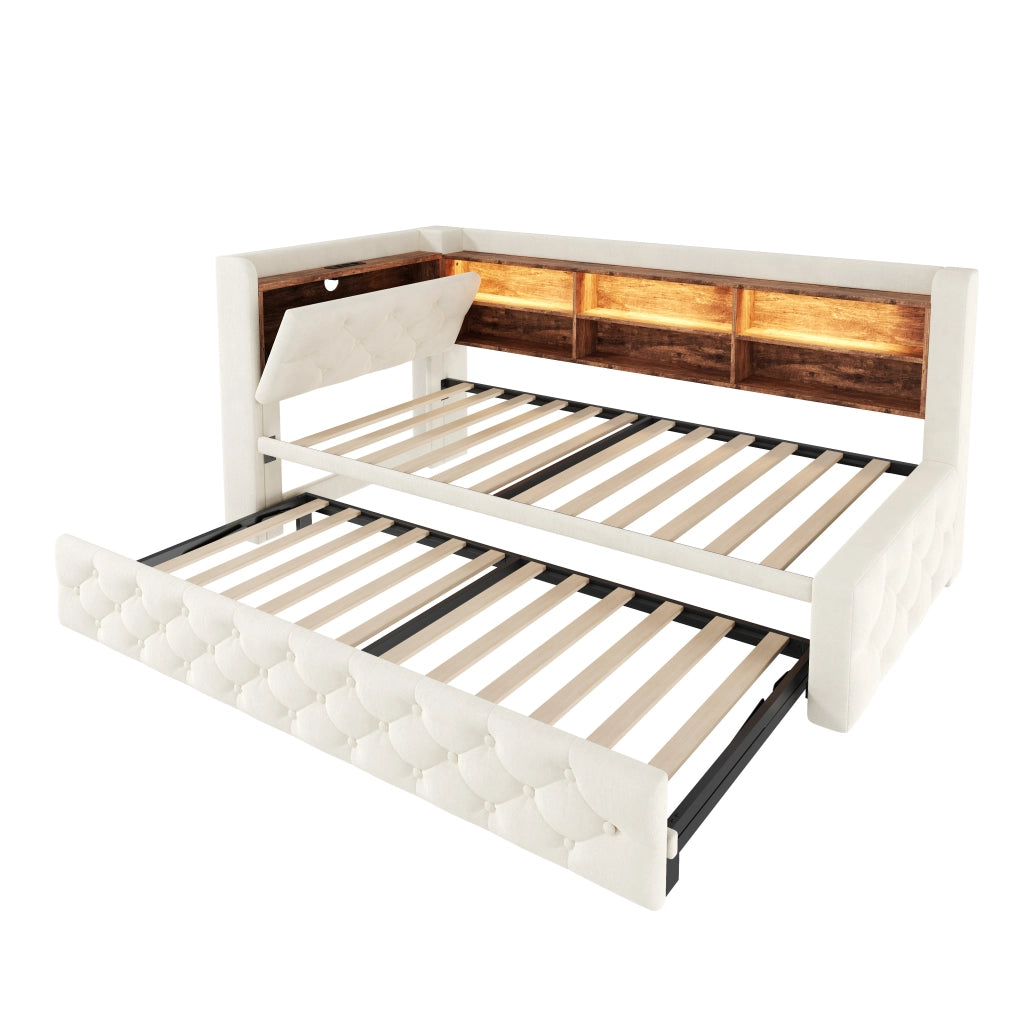 Letto a Divanetto 90x190 cm - Estraibile; LED; USB e Type-C - in Velluto - Beige