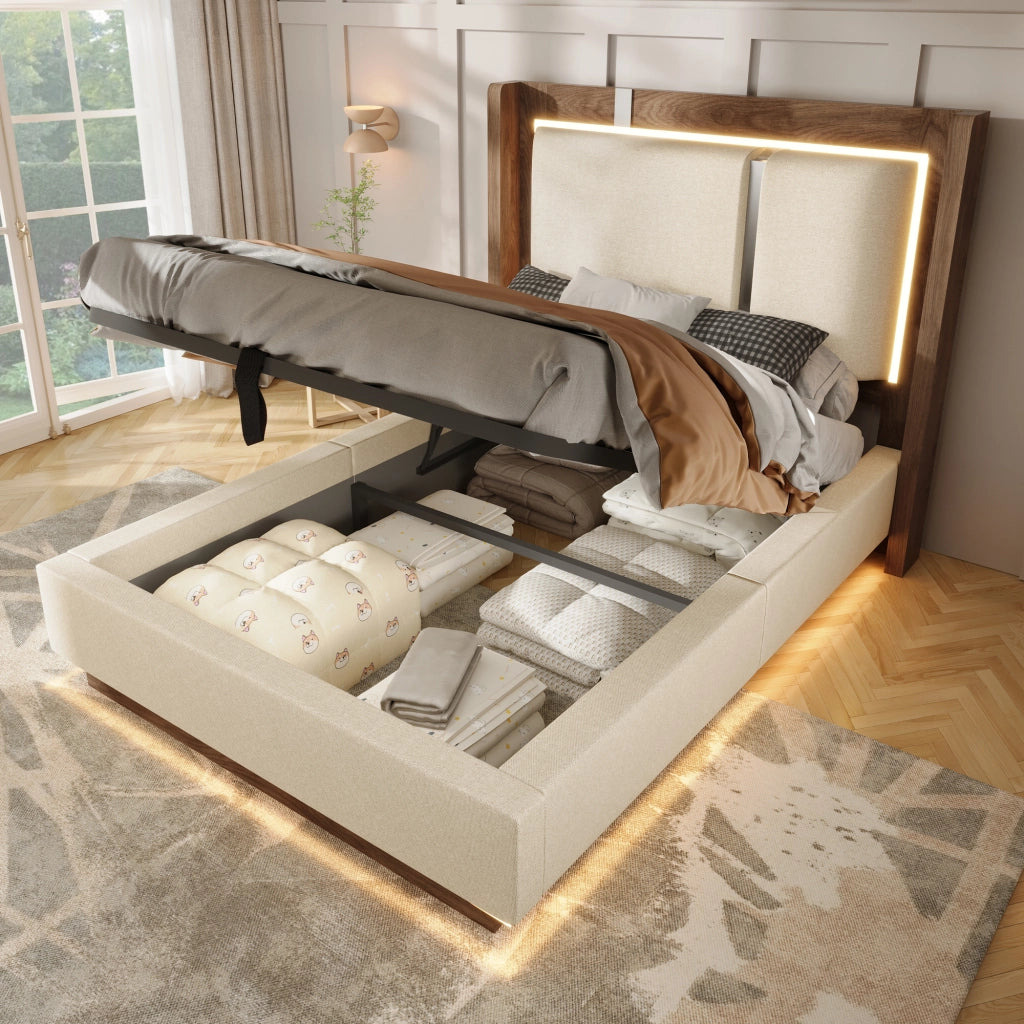 LETTO 90x200 cm con LED, contenitore idraulico, lino beige e noce