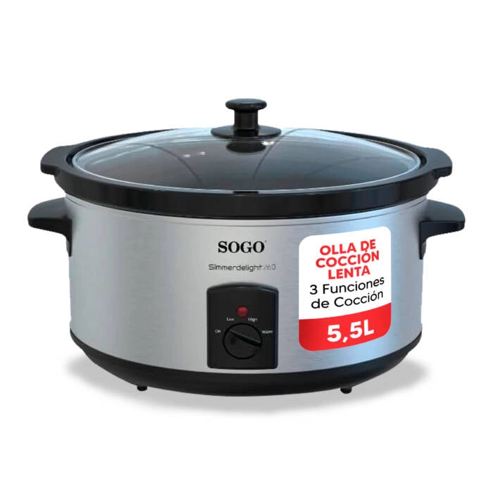 Pentola slow cooker elettrica 5,5L 260W con recipiente in ceramica e 3 programmi, per cottura lenta 7-8 persone - Sogo