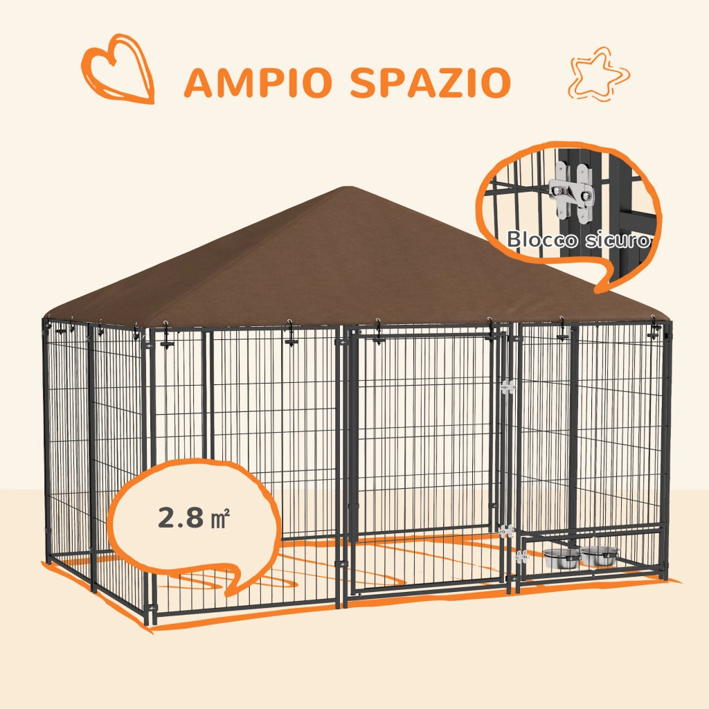 Recinto per Cani 211x141x151 cm con Porticina per Ciotole in Metallo e Tessuto Oxford Nero e Marrone