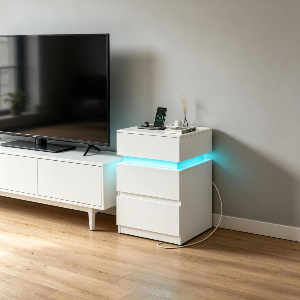 Set di 2 tavolini da notte con luce LED regolabile, 2 prese, 2 USB e 2 cassetti, bianco