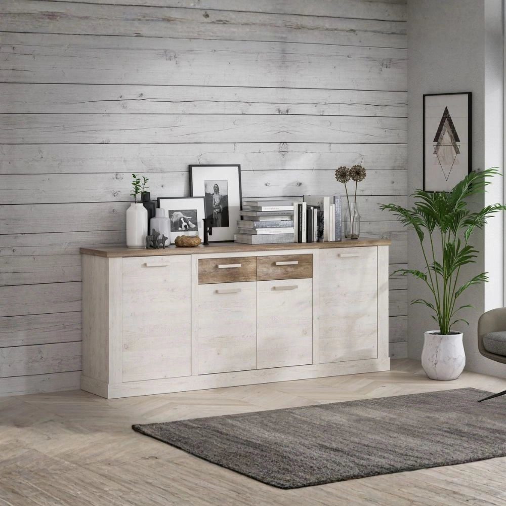 Madia Flux 4 ante e 2 cassetti 213 cm pino bianco con top rovere antico