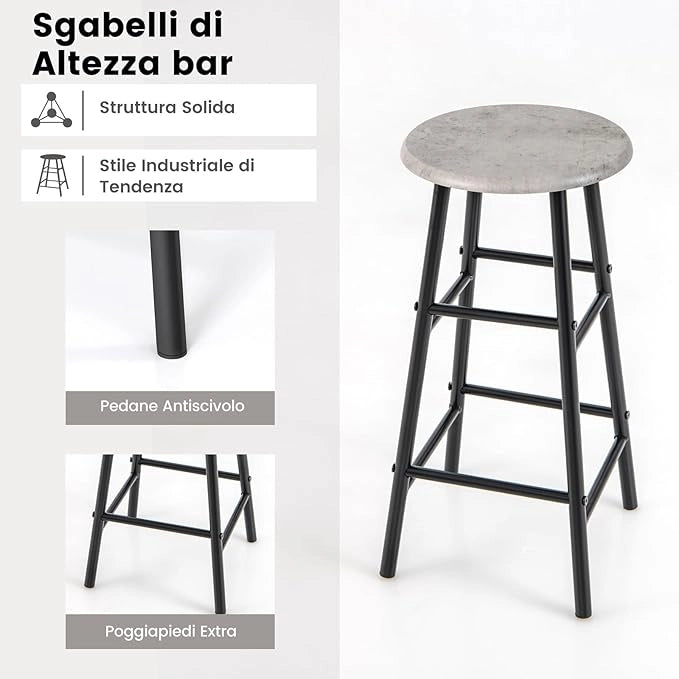 Set 3 Pezzi Tavolo e Sedie da Bar, Tavolo e Sgabelli da Pub Industriale con Porta Calici e 6 Portabottiglie da Vino, Set di Tavolo per Sala da Pranzo, Ristorante e Bar (Grigio)