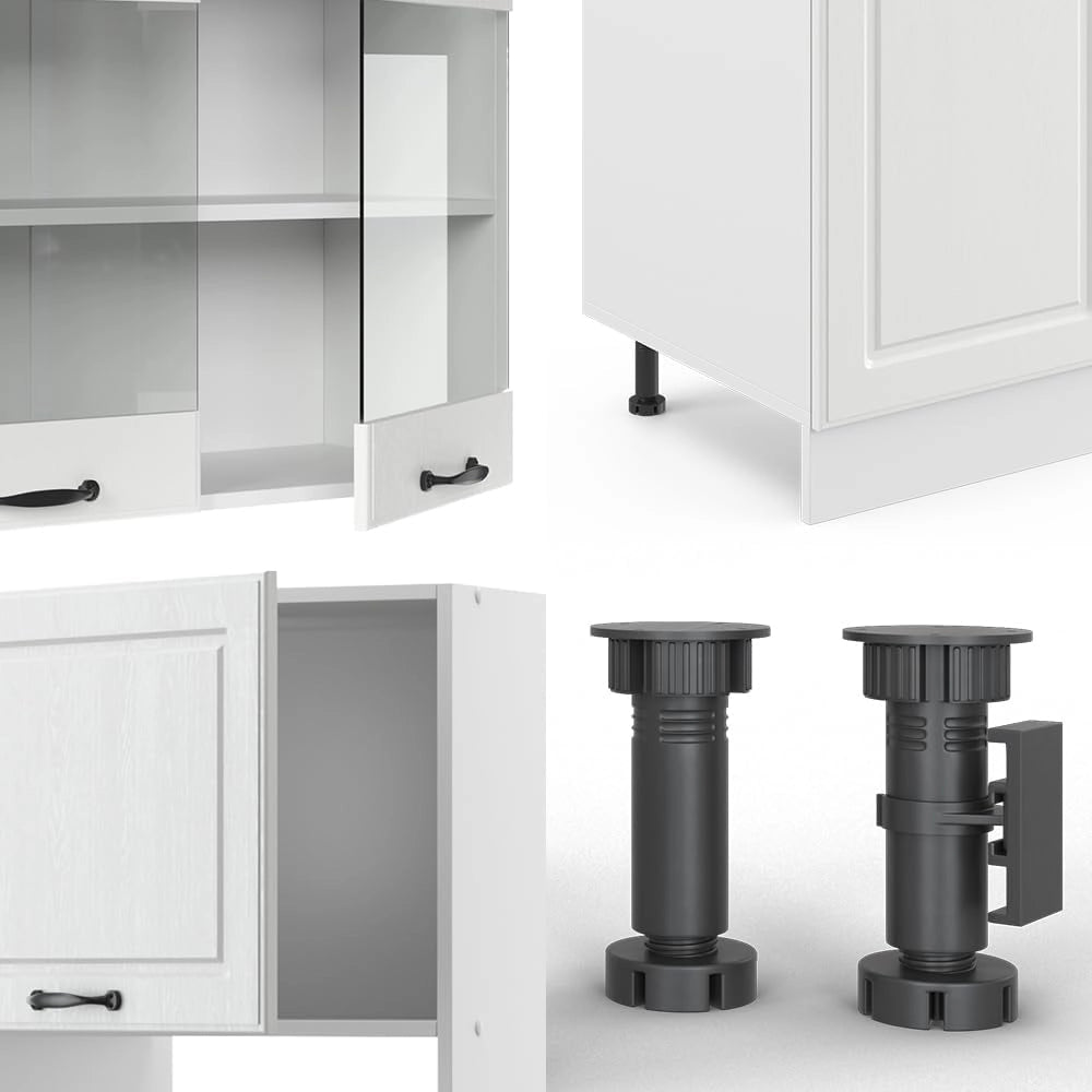 Cucina componibile R-Line, Bianco casa di campagna, 300 cm con armadio alto, PL Marmo, con moduli disposti in modo variabile e piedini regolabili in altezza