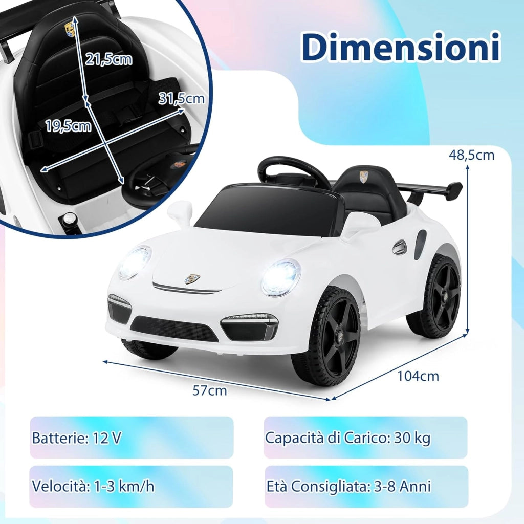 12 V Auto Elettrica per Bambini, Macchina Elettrica Porsche con Licenza Ufficiale, Telecomando, Musica, Luci LED, Clacson e Avvio Morbido, per Bambini 3-8 Anni (Bianco)