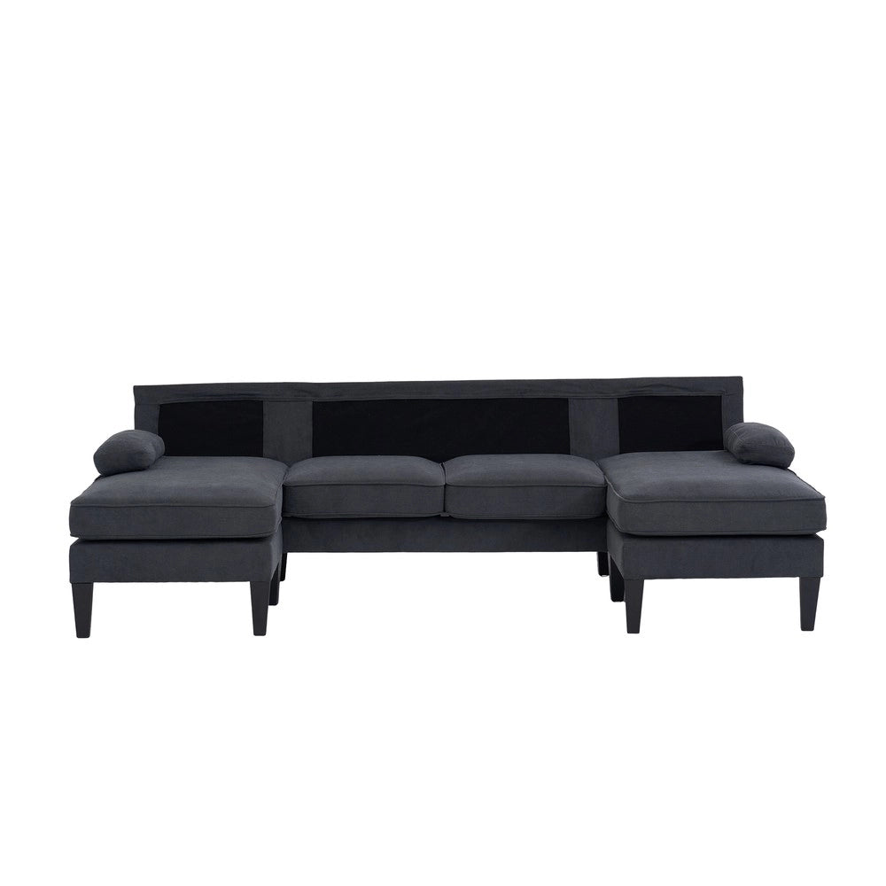 Divano 4 posti con Chaise Longue ¨C Minimal ¨C Grigio scuro tessuto imbottito con cuscini gambe in metallo