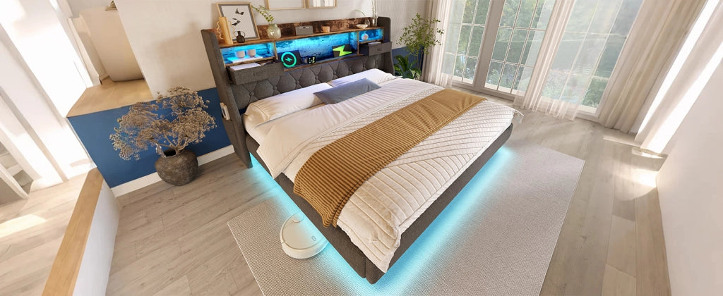 DESMIU Letto matrimoniale 140 × 200 cm con LED, USB, Type-C e vano testiera, senza materasso, grigio