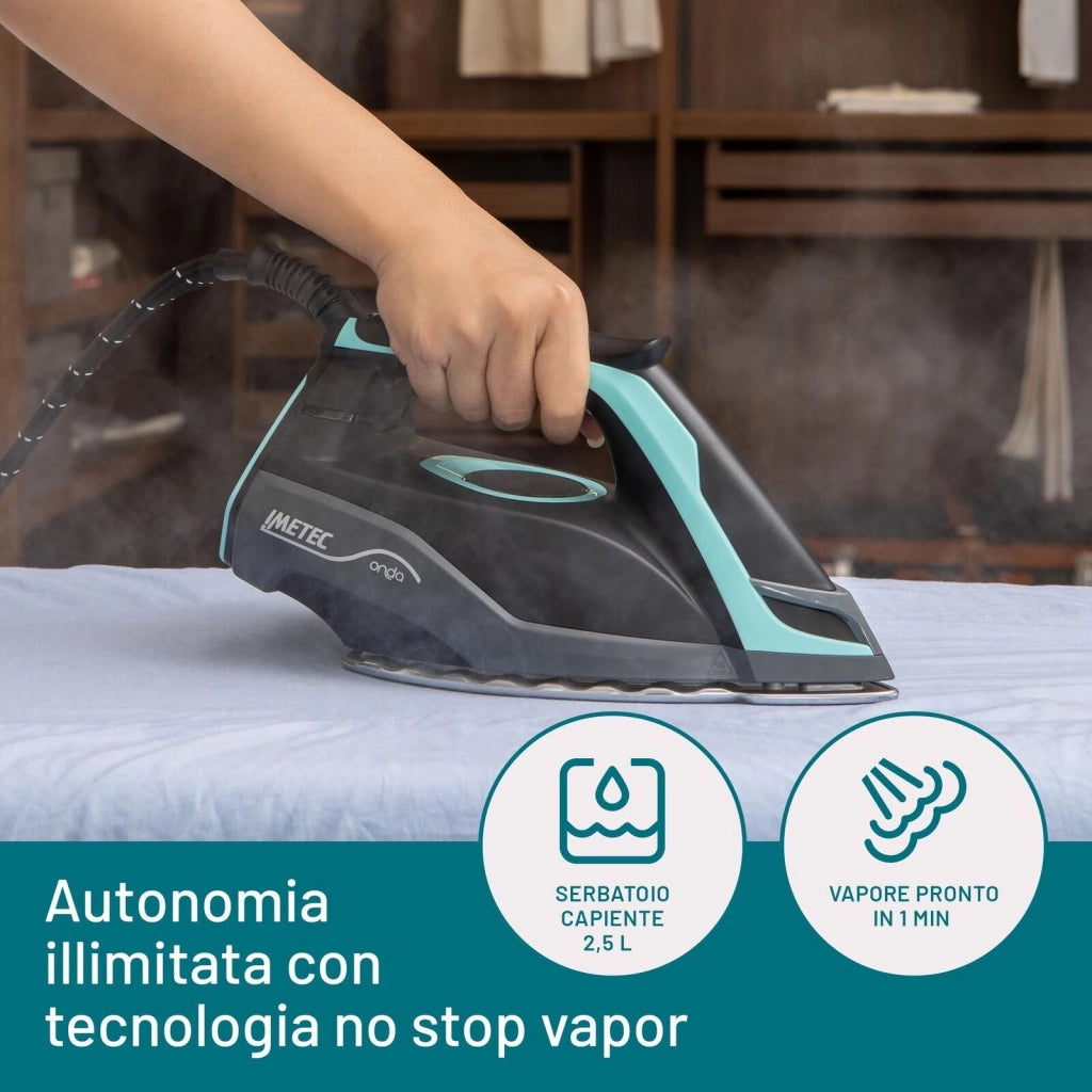 Imetec 9028 Onda P1 Ferro da Stiro Generatore di Vapore 2400W 6 bar Serbatoio 2,5L Piastra Onde Brevettata colore Nero Turchese