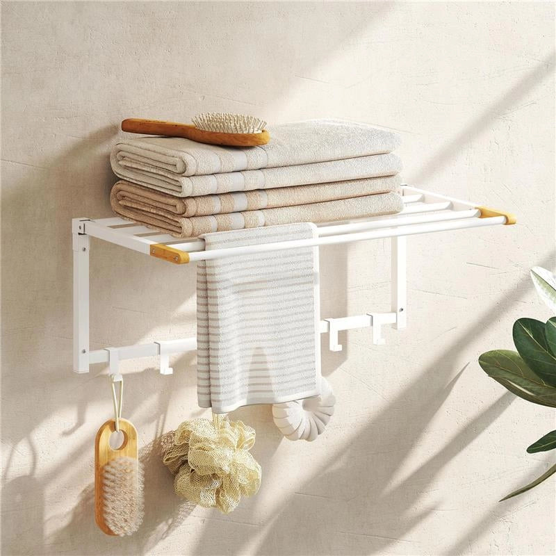 PORTASCIUGAMANI A PARETE PIEGHEVOLE CON 5 BARRE E 6 GANCI IN LEGNO E ACCIAIO, 60X32.5X20 CM, BIANCO