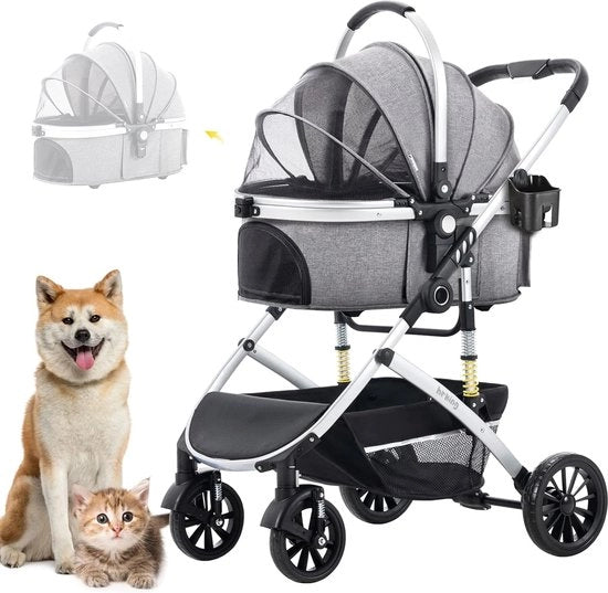 Carriolo per cani pieghevole con seggiolino da viaggio rimovibile - Grigio, adatto per piccoli cani e gatti