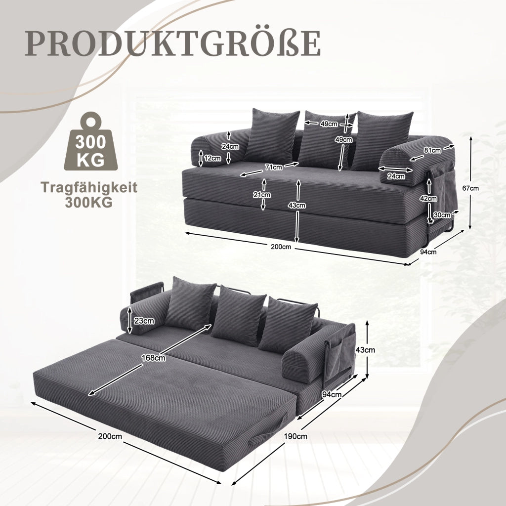 DIVANO modulare in velluto a coste 200x94x67 cm grigio scuro