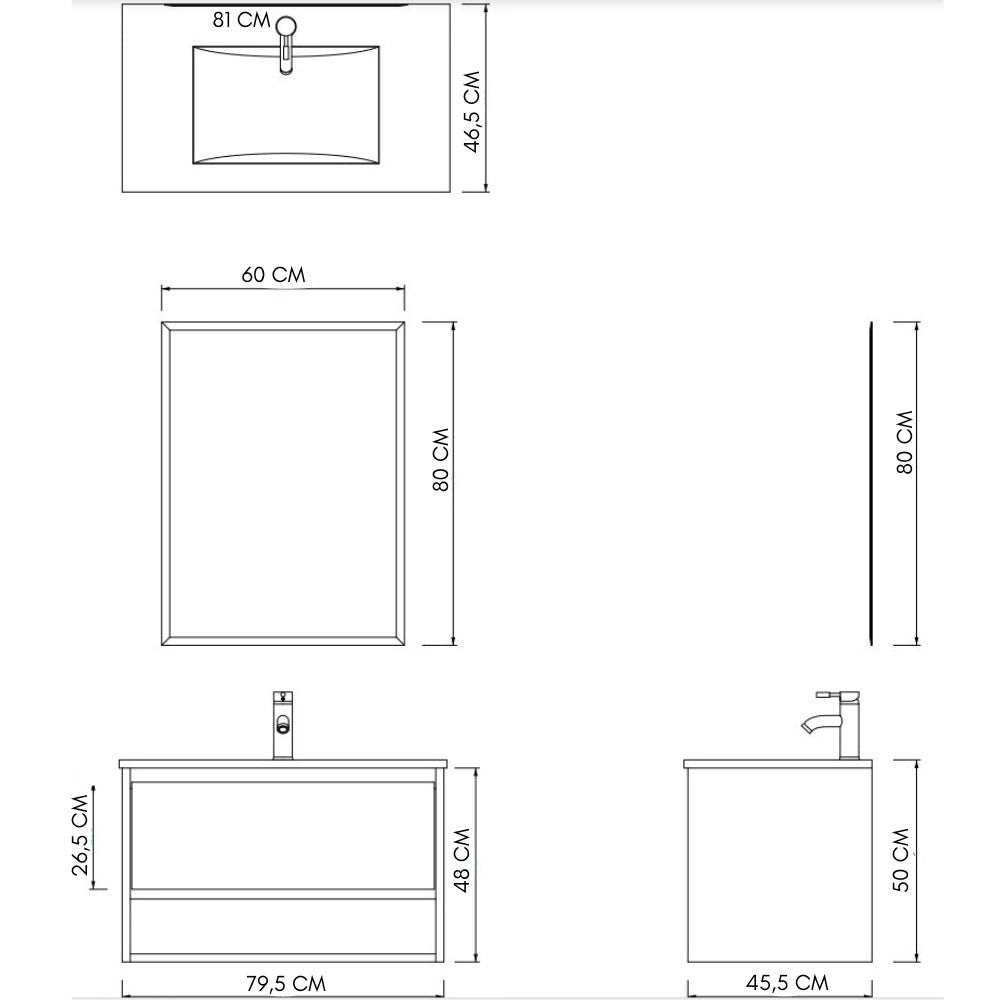 Mobile Bagno Sospeso 80 cm Lavabo e Specchio Milano Rovere