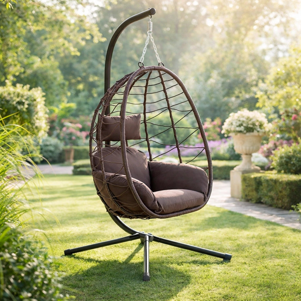 Poltrona Sospesa Con Struttura In Acciaio E Cuscini Dondolo Da Giardino Ideale Per Terrazzo Balcone Portata Fino A 130 Kg Arredo Esterno Design Moderno 196 x 93 x 109 cm Marrone