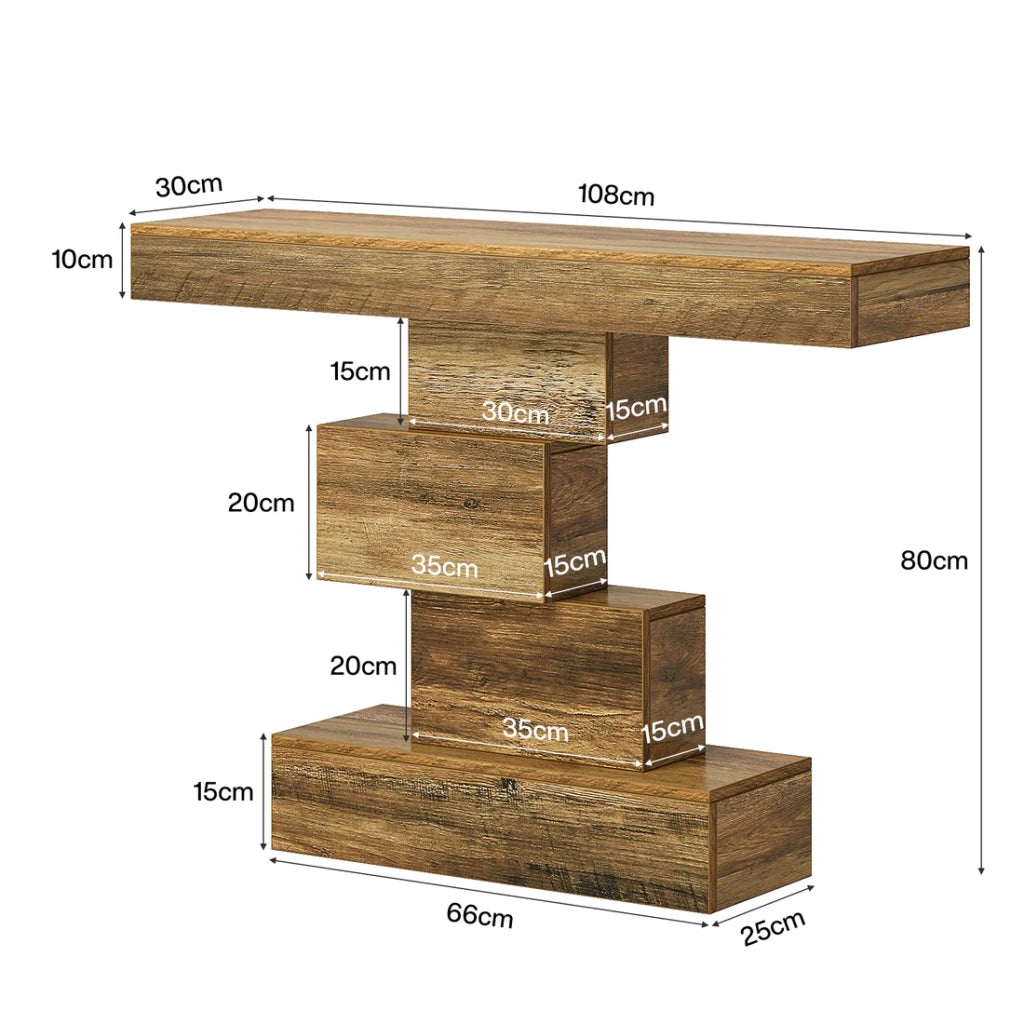 Consolle in legno con struttura geometrica e ripiani a gradini, per ingresso e soggiorno, 108 × 30 × 80 cm