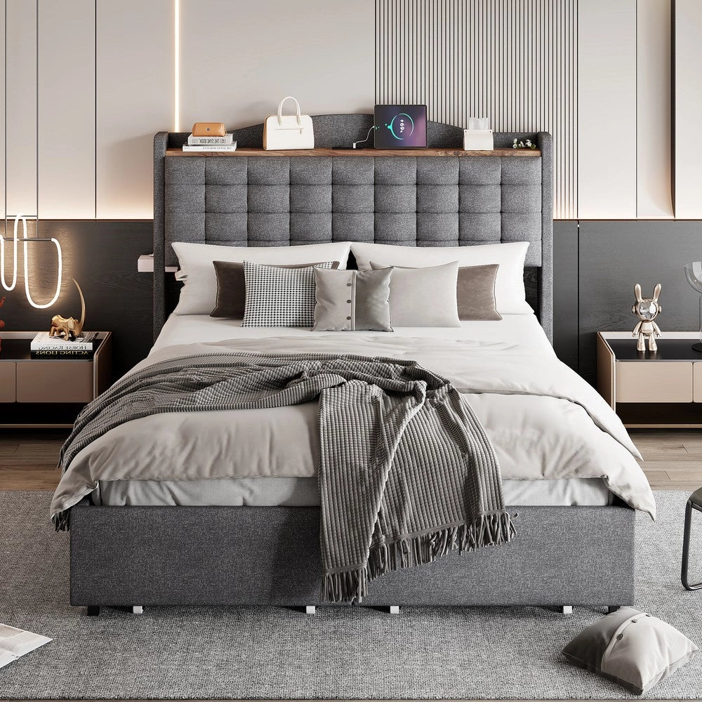 Letto Imbottito Matrimoniale con Cassetti e Comodini ¨C MINIMAL ¨C Tessuto Grigio 140x200