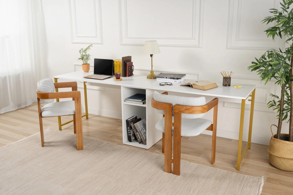 Scrivania in legno "Twin Study Desk" - 240 x 60 x 74 cm - Bianco oro