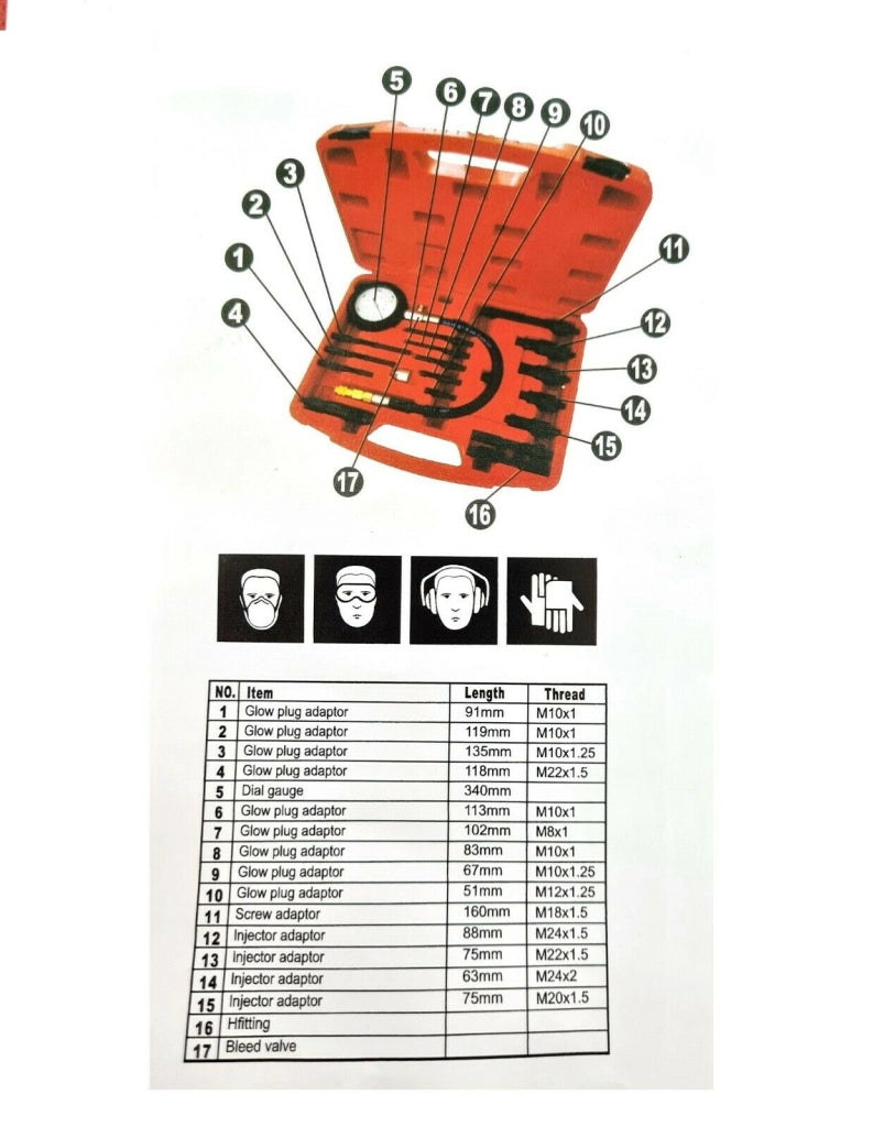 Tester di Compressione Kit 14 pz per Motori Diesel Misuratore Manometro