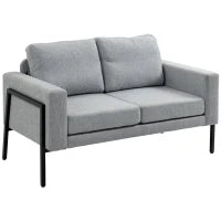 Divano 2 Posti in Tessuto Effetto Lino con Gambe in Acciaio e Cuscini Imbottiti, 138x70x83.5 cm, Grigio