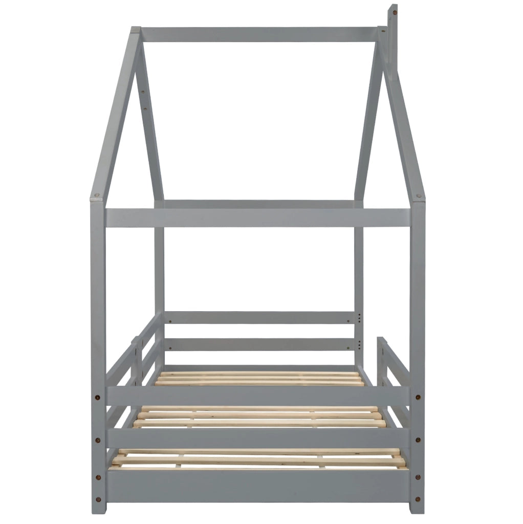 Letto a casetta 90x200 cm con protezione anticaduta; legno; grigio (Senza materasso)