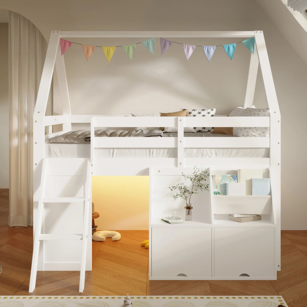 Letto a Soppalco 140x200 cm con scale; LED; box e tasche in legno bianco per cameretta