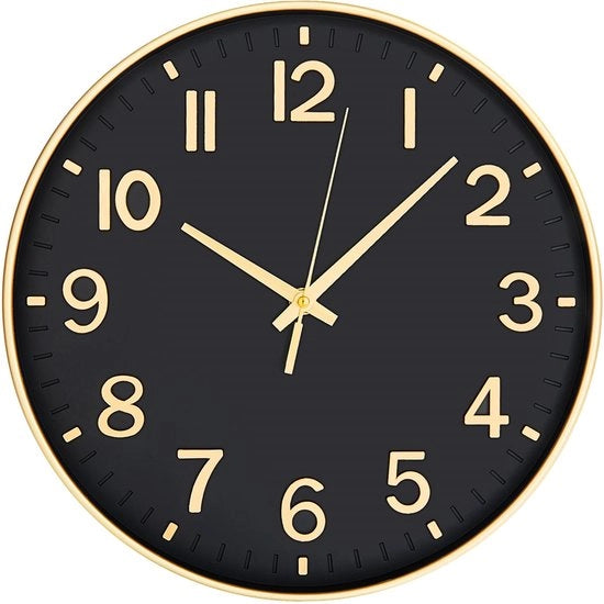 HZDHCLH 25cm orologio da parete silenzioso con secondi non ticchettanti e cifre arabe per ufficio, classe, casa, soggiorno, camera da letto (nero oro, 25 cm)