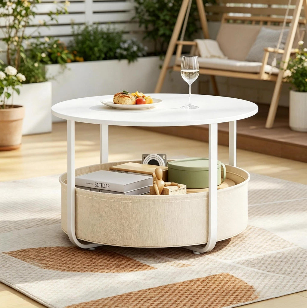 Tavolino rotondo con cestino in canvas Ø 80 cm beige e bianco
