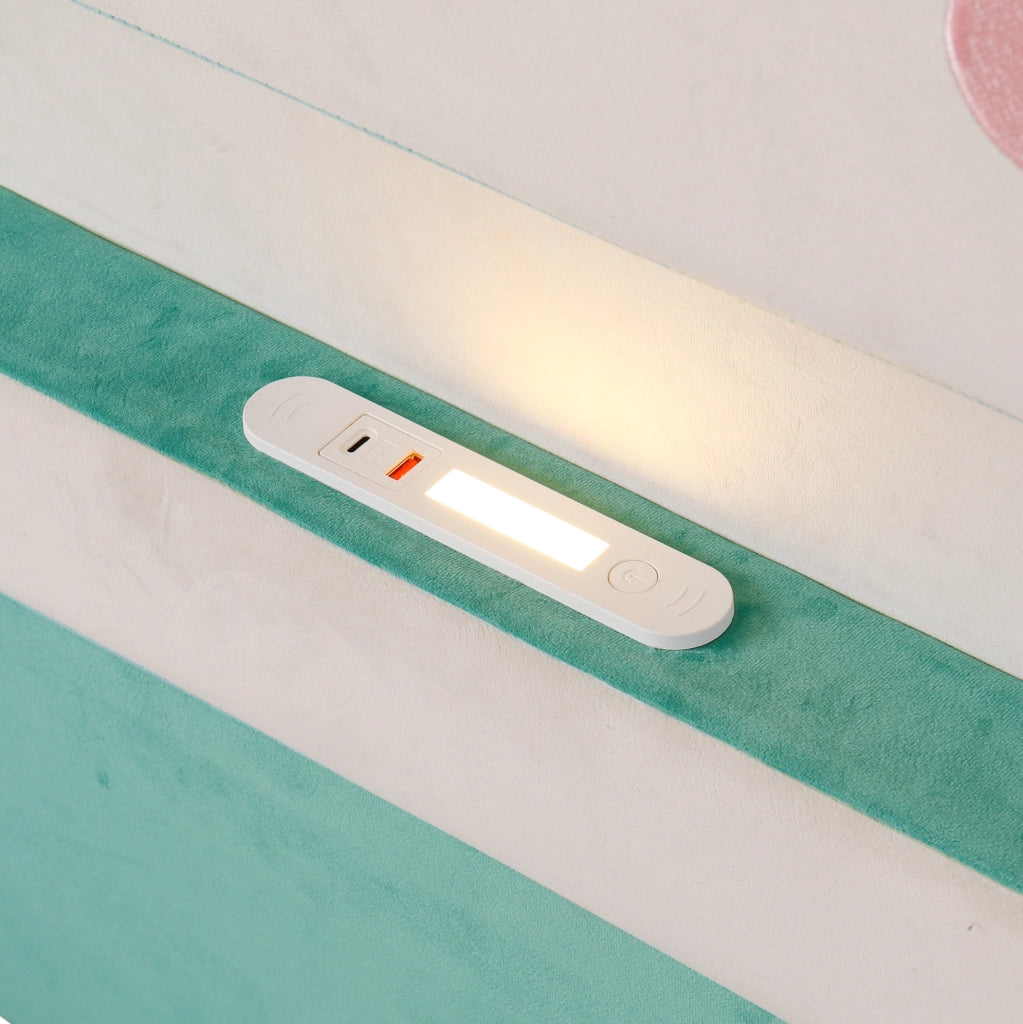 Letto singolo per bambini 90x200 cm imbottito con luce LED; USB e cassetto blu-verde HOMVRA