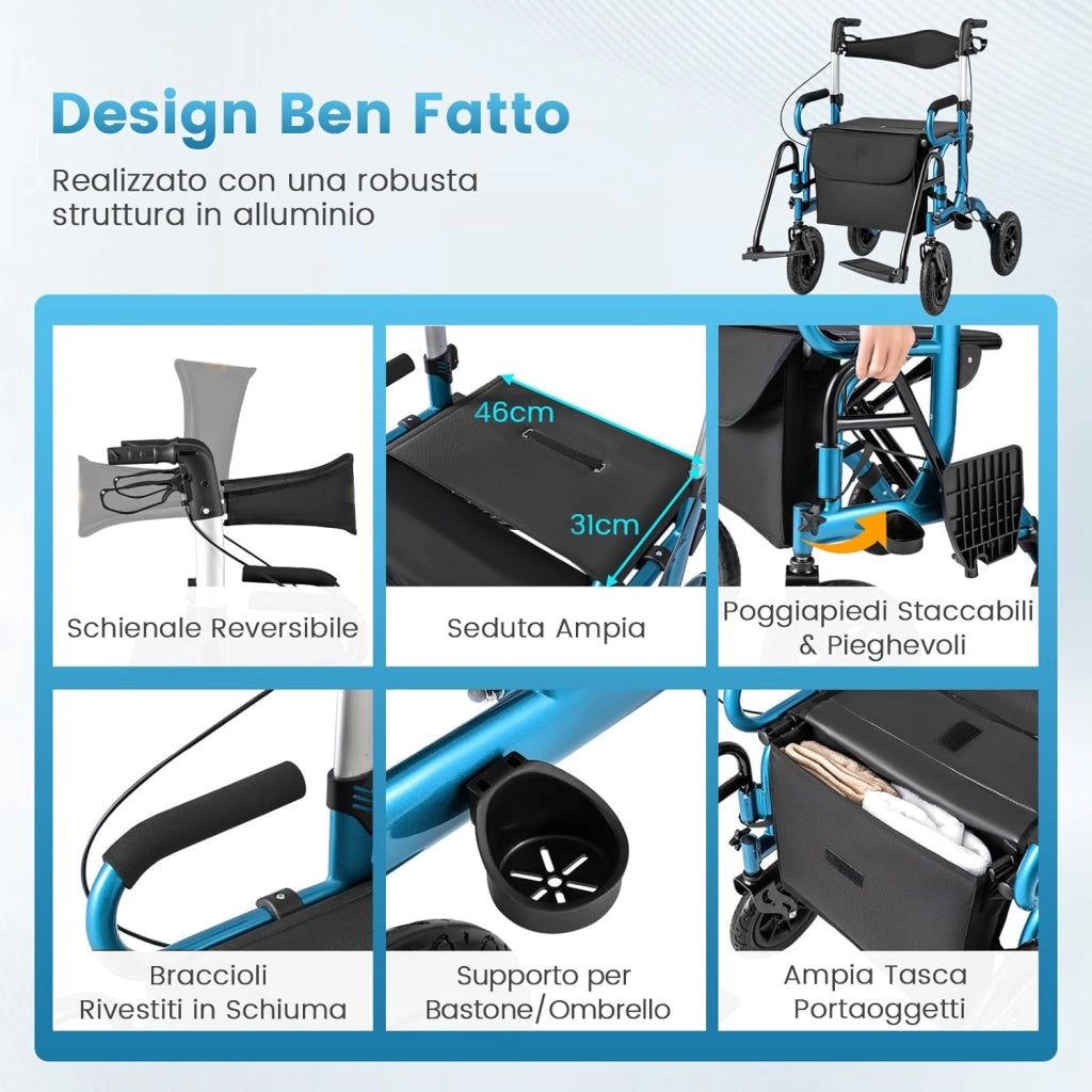 2 in 1 Deambulatore Pieghevole e Sedie a Rotelle per Anziani in Alluminio, Rollator Altezza Regolabile con Seduta e Freni, Girello per Anziani con Ruote Robuste, Carico Massimo 140 kg (Blu)