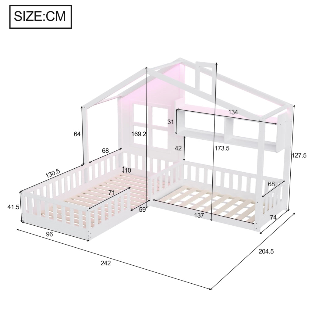 Letto per bambini a casetta con LED; mensole e sponde di sicurezza; 90x200 cm; bianco