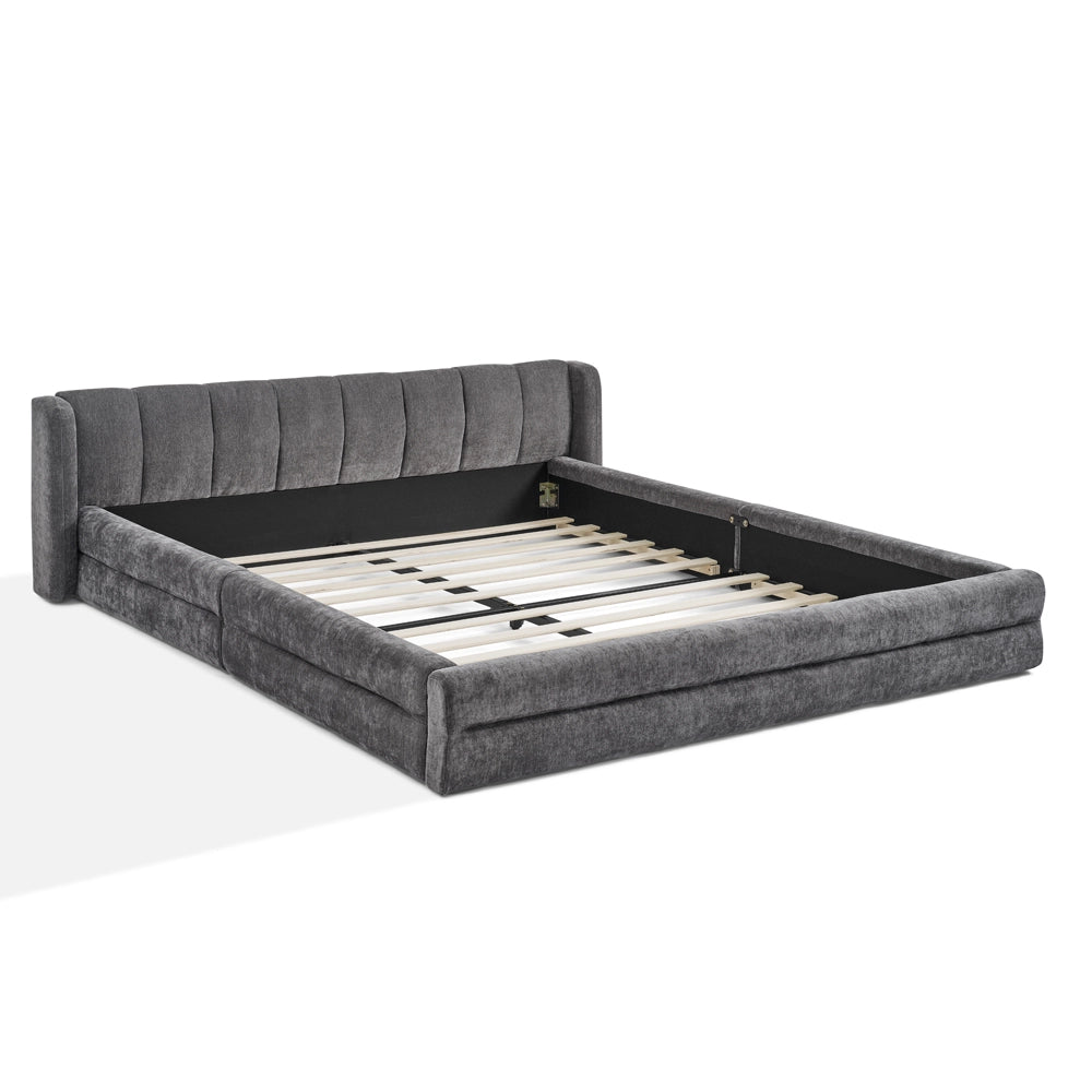 Letto matrimoniale 140 × 200 cm con testiera imbottita, senza materasso, in ciniglia, grigio scuro