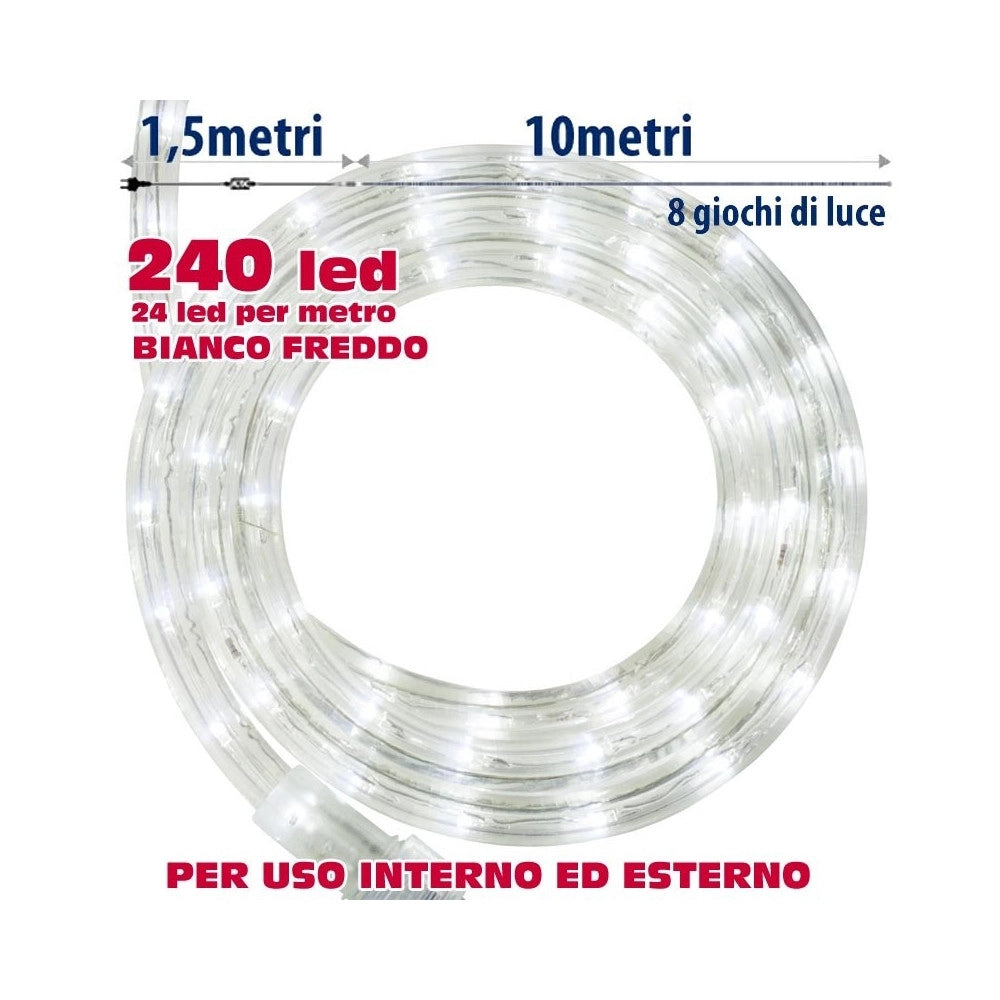Trade Shop - Tubo Luminoso Natalizio 10 Metri Led Bianco Freddo Con Controller 8 Funzioni -