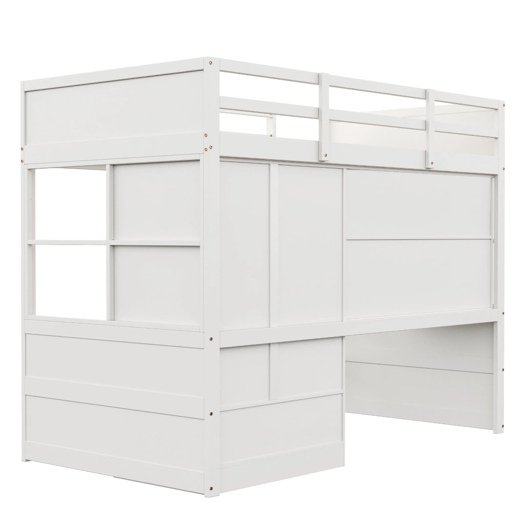 Letto a soppalco 90x200 cm con scrivania; armadio e cassetti in pino; MDF; bianco