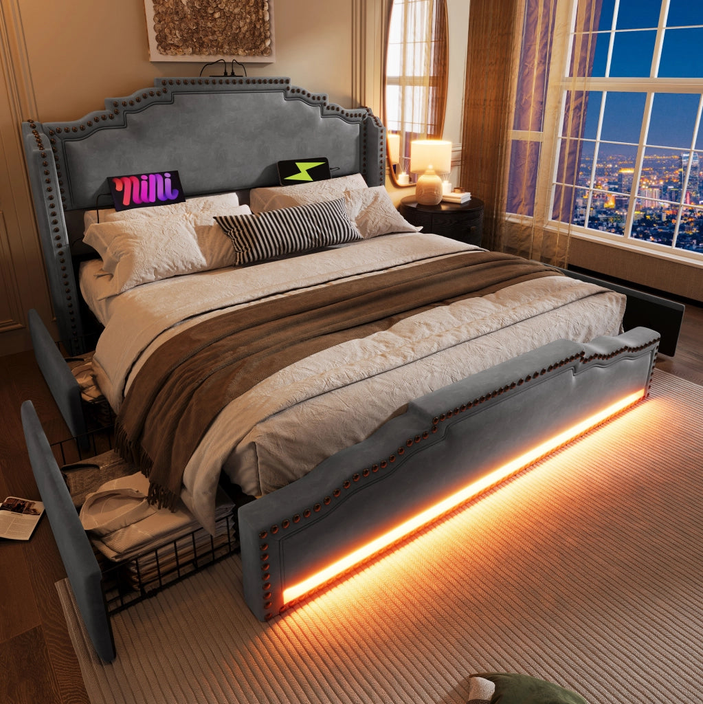 Letto matrimoniale 140x200 cm in velluto grigio con 4 cassetti; LED e porte USB-Type C