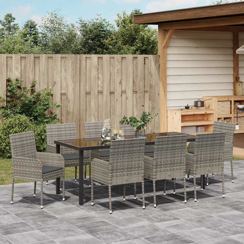 Set da 9 Pezzi per pranzo da Giardino con Cuscini Grigio Polyrattan