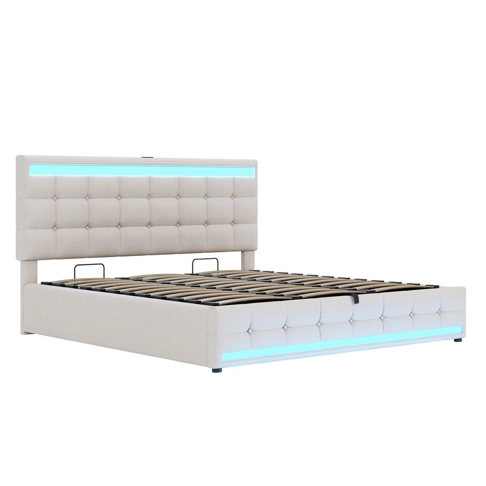 Letto Contenitore Imbottito 180x200 con LED e USB ¨C MINIMAL ¨C Beige