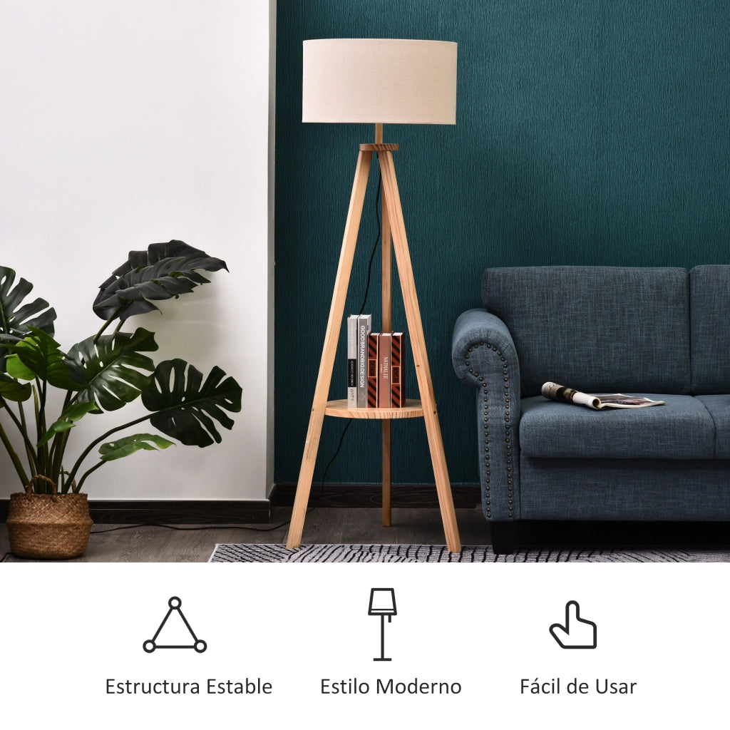 Lampada da Terra Treppiede con Ripiano ¨C Xylo ¨C Legno Naturale Paralume Beige 50x50x154 cm