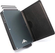 Portafoglio RFID con chiusura a scatto - Portafogli intelligenti minimalisti con scatola di regalo - Ospita creditcard in metallo leggero e sottile per uomo (Aluminium grigio Pelle nera)