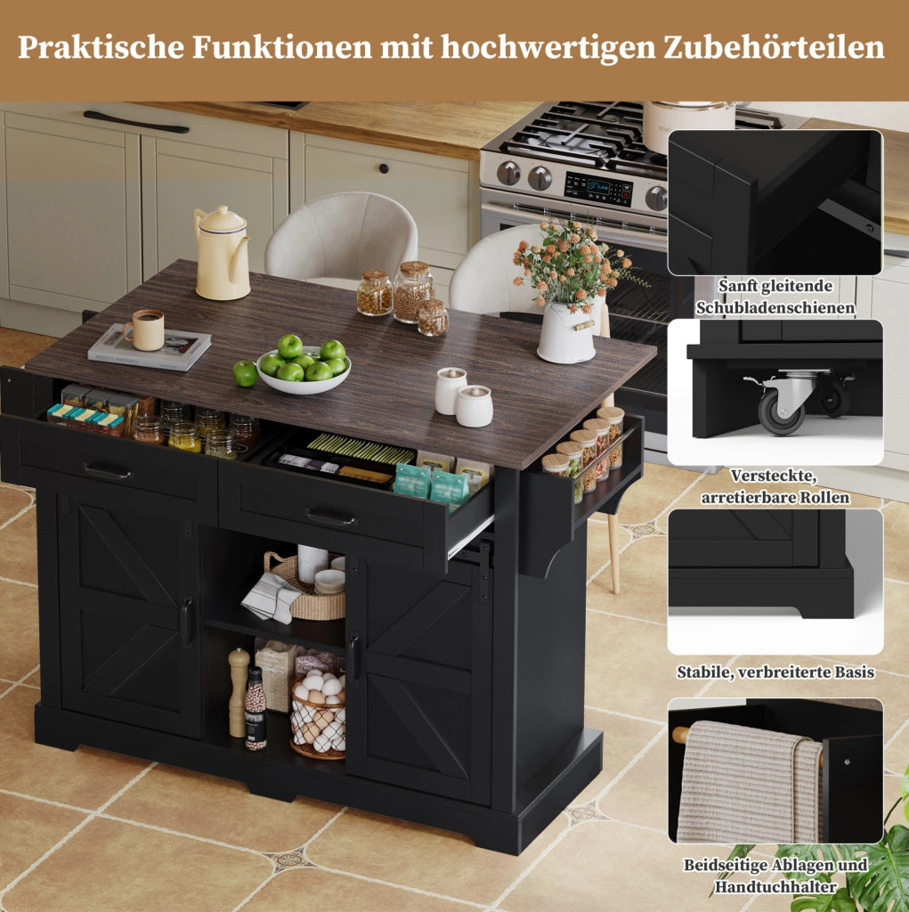Isola cucina con piano ribaltabile e 2 ante scorrevoli; 120x45(70)x91 cm; nero; MDF