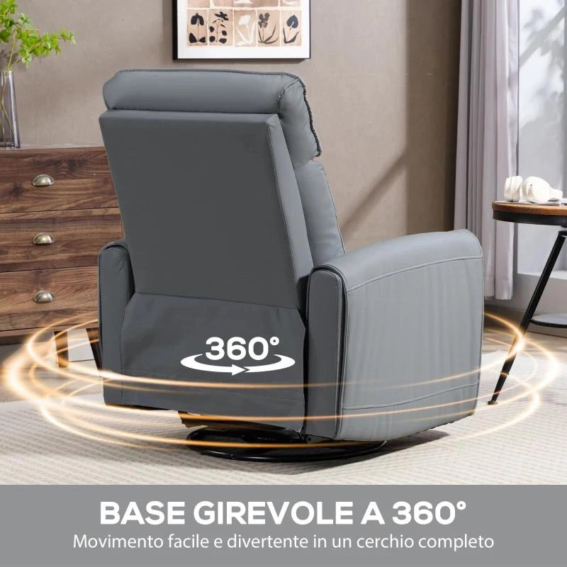 POLTRONA RELAX RECLINABILE MANUALMENTE CON POGGIAPIEDI IN TESSUTO EFFETTO PELLE E BASE GIREVOLE, GRIGIO