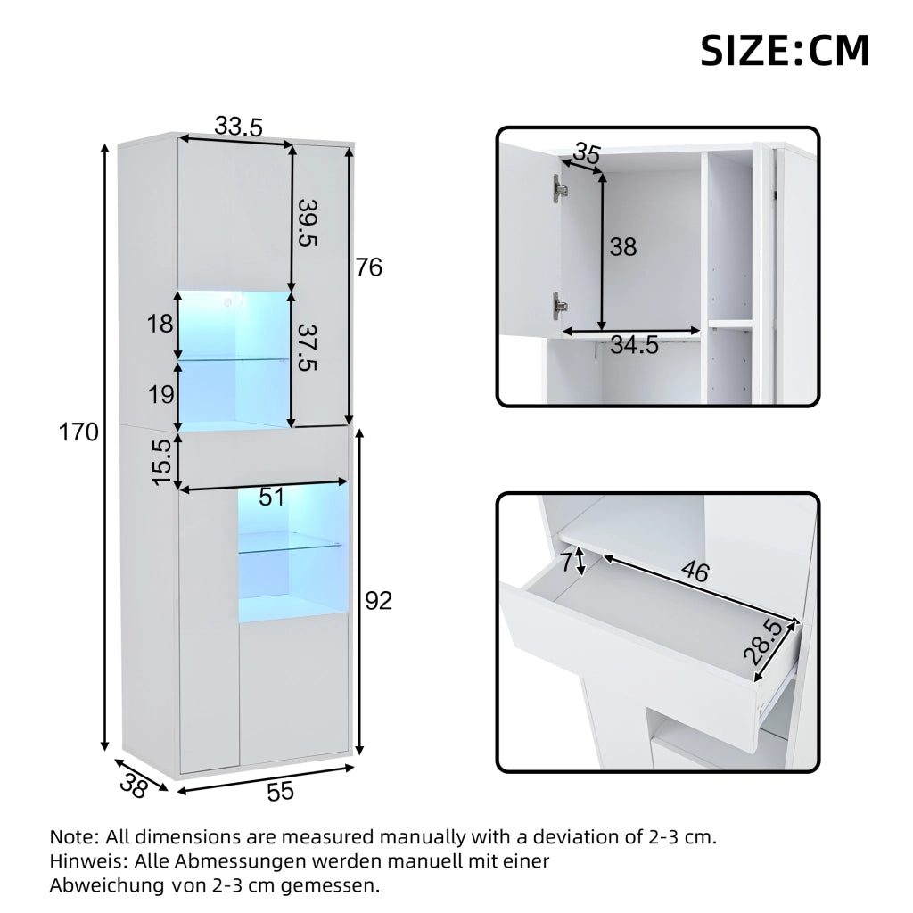 Vetrina con led e 1 cassetto, 4 ante e 11 vani, in truciolare, bianco, per soggiorno, 55 × 38 × 170 cm